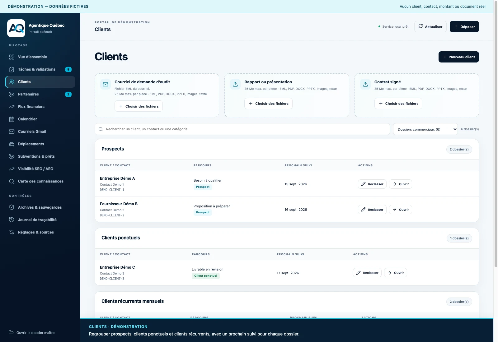 Clients du portail exécutif — données entièrement fictives