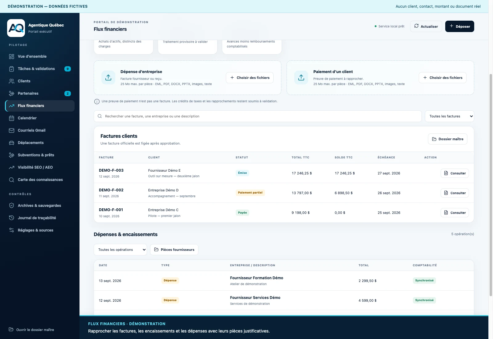 Flux financiers du portail exécutif — données entièrement fictives