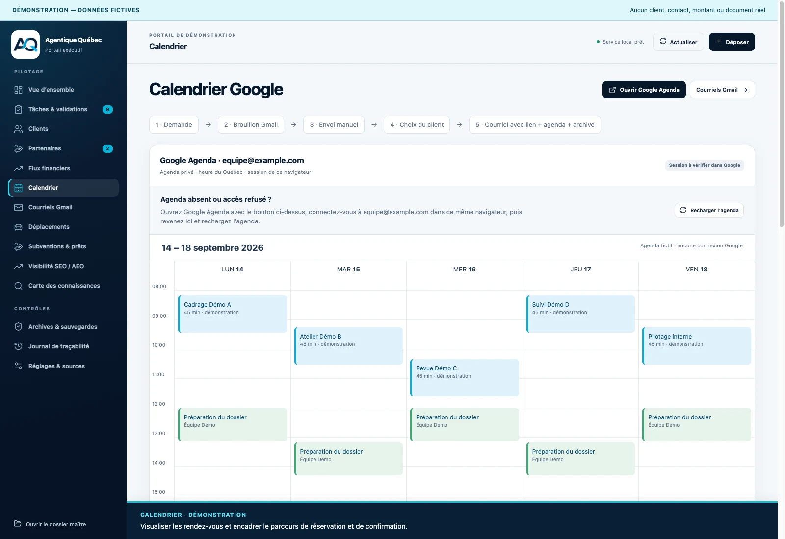 Calendrier du portail exécutif — données entièrement fictives