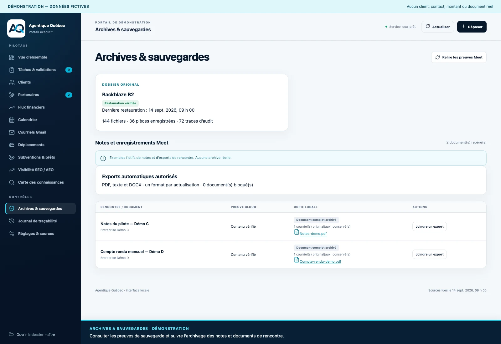 Archives & sauvegardes du portail exécutif — données entièrement fictives